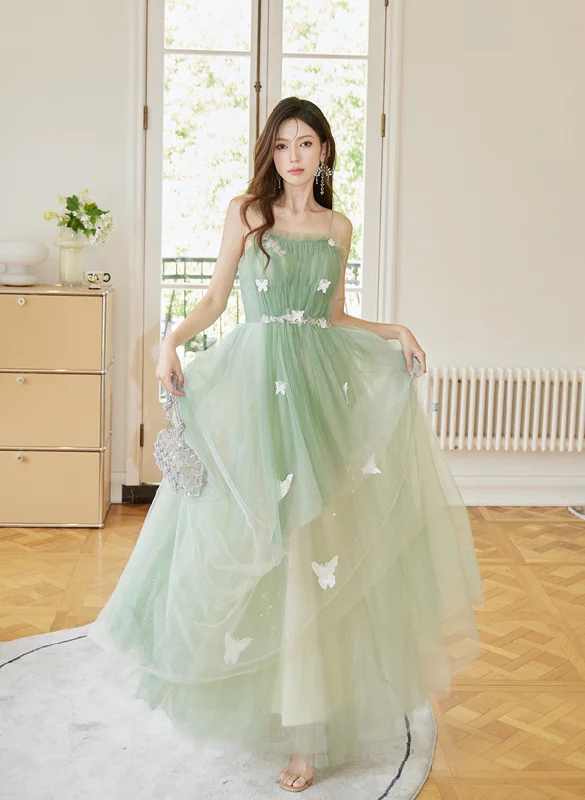 Light Green Tulle Straps Long Party Dress, A-line Light Green Prom Dress Tunics Wedding white