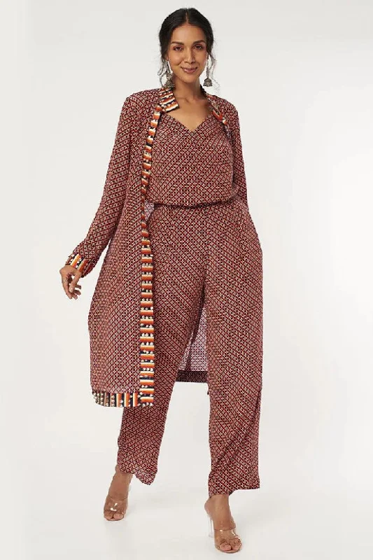 BLUE GEO PRINT CAMISOLE TOP WITH PANTS AND LONG JACKET Zippered Jacket Buttoned Jacket Snapped Jacket
