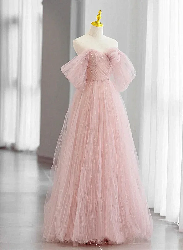 Pink Tulle Sweetheart Off Shoulder Party Dress, Pink Long Prom Dress Shift Classic Vintage