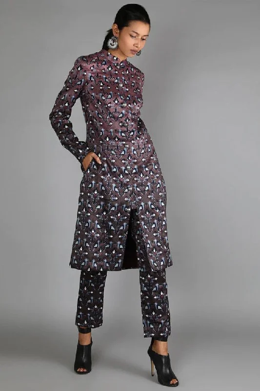 MERLOT OMBRE GEOMETRIC DAMASK PRINT JACKET WITH GEOMETRIC DAMASK PRINT PANT Knit Jacket Woven Jacket Fleece Jacket