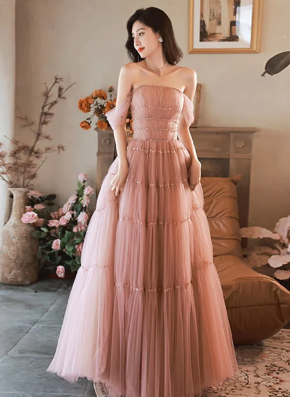 Pink Tulle Floor Length Beaded Long Party Dress, Off Shoulder Pink Prom Dress Tunics Office stylish