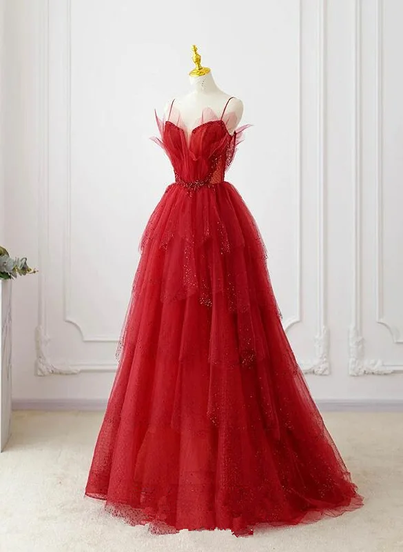 A-line Tulle Layers Beaded Straps Long Party Dress, Tulle Prom Dress Evening Dress Tunics Silk luxurious