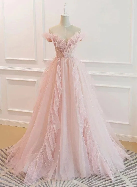 Lovely Pink Tulle Off Shoulder Beaded Long Party Dresses, Pink Prom Dress Formal Gown Tunics Fleece cozy
