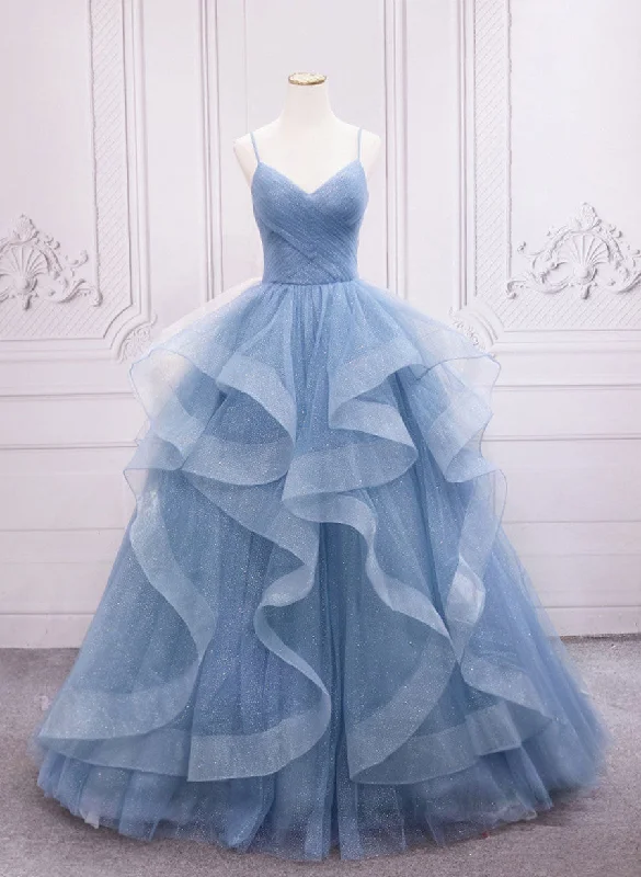 Blue Chic Tulle A-line Long Prom Dress, Blue Straps Formal Dress Party Dress Tunics Fall fleece