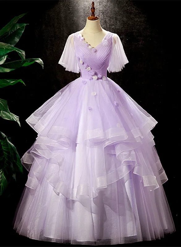 Light Purple Tulle with Flowers Cute Long Party Dress, Purple Sweet 16 Dress Tunics Long Elegant