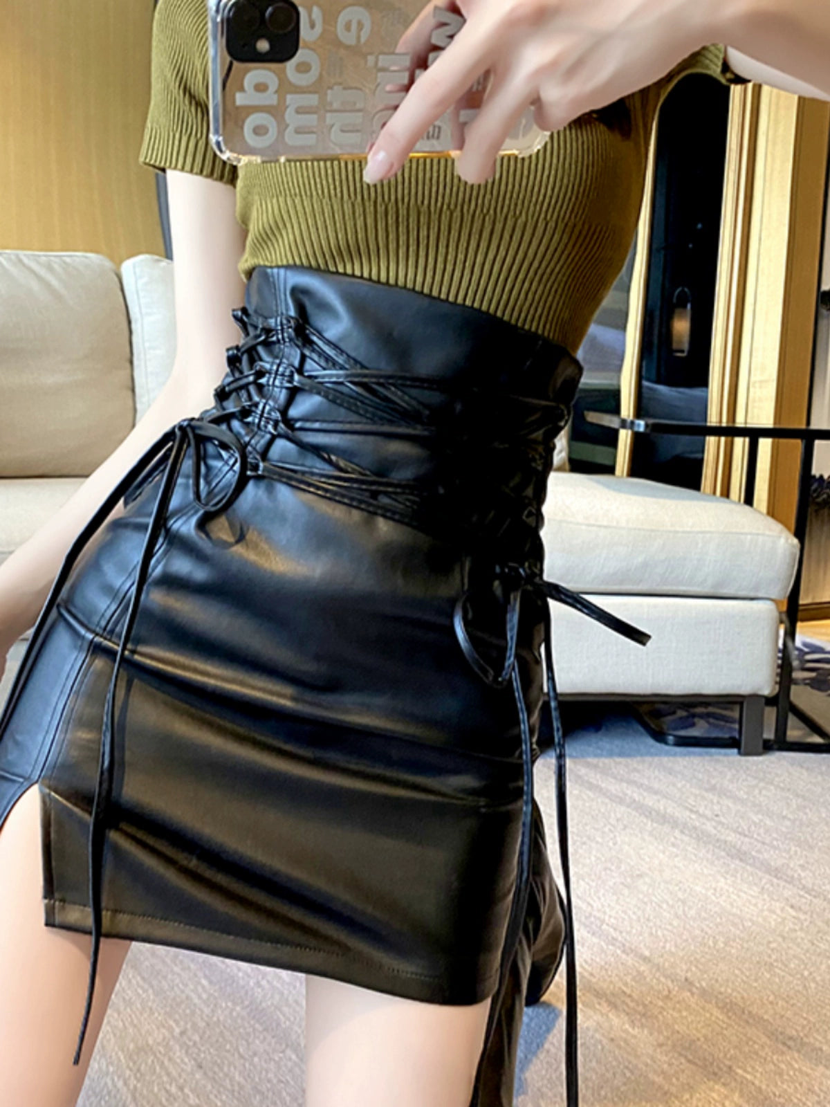 Design Sense Lace-up Autumn Elegant Hot Girl Skirt modal blend skirt