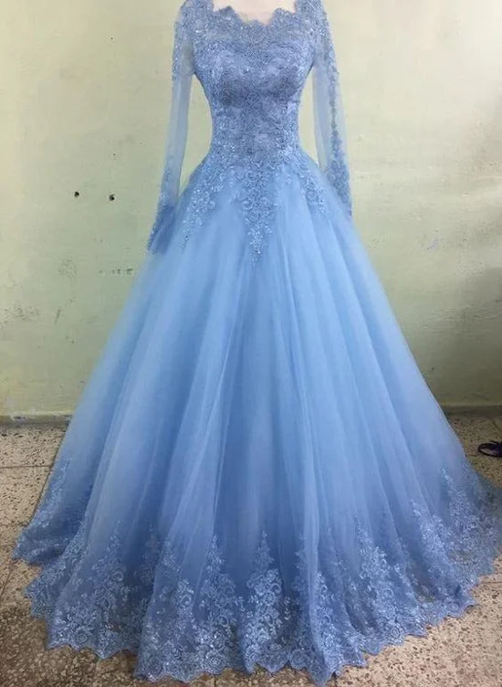 Light Blue Tulle Long Sleeves Ball Gown Party Dress with Lace, Blue Evening Dress Prom Dress Sequined Elegant Party