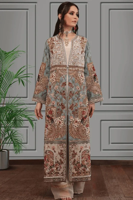 Shamaeel - Silk Embroidered Long Jacket with Off-white Silk Inner and Pants Chenille Fabric Brocade Fabric Lace Fabric