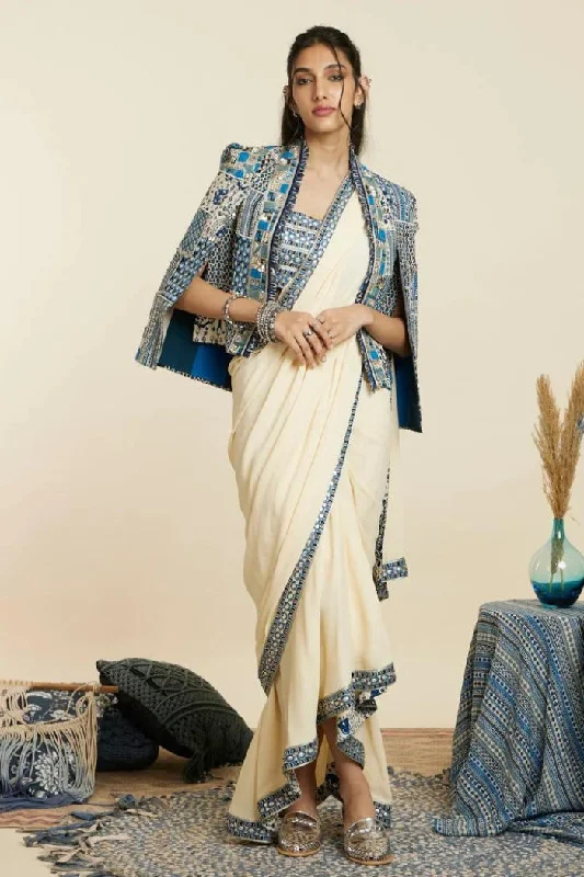 IVORY CASCADE SAREE SET WITH PATCHWORK NOOR JACKET Tailored Jacket Straight Jacket A-Line Jacket