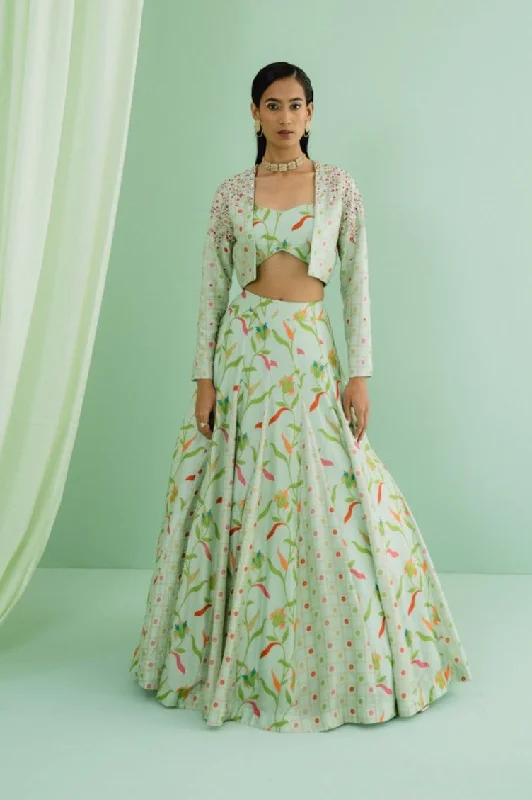 Green Printed Jacket Lehenga Set Knit Fabric Woven Fabric Fleece Fabric