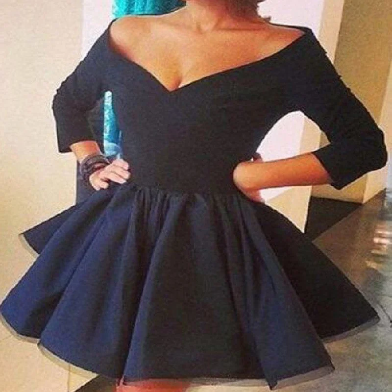 Hot Selling Long sleeve black off shoulder simple v-neck A-line for teens homecoming prom dress,BD00200 Tunics Review highly