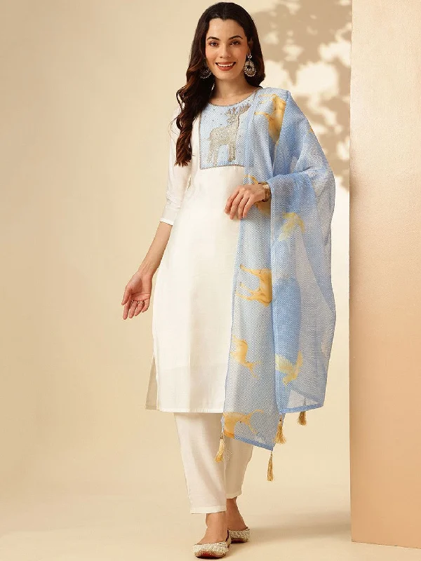 Women White Pv Chanderi Fabric Kurta Pant With Dupatta Set Fabric Kurta Pant Set Comes With Dupatta - Taantav Classic Straight Pants Women White Pv Chanderi Fabric Kurta Pant With Dupatta Set Fabric Kurta Pant Set Comes With Dupatta - Taantav Classic Straight Pants