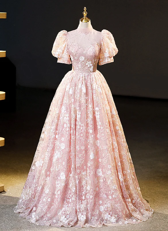 Pink High Neckline Short Sleeves Lace Floral Long Party Dress, Pink Sweet 16 Dress Chiffon Maxi Beach