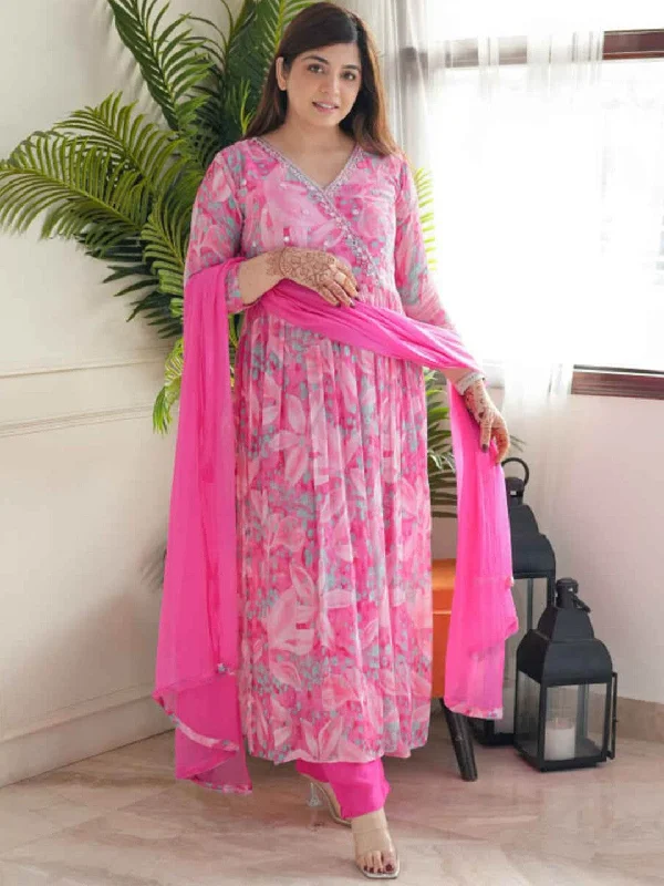 Women V Neck Printed Embroidered Work, Georgette Fabric Kurta & Pant With Dupatta Set - Taantav Classic Flared Pants
