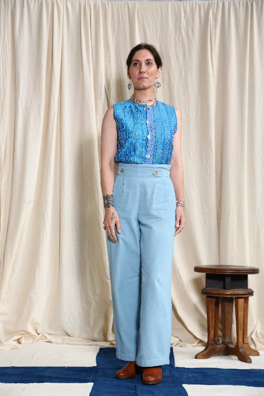 Button Pants Indigo Plant Dye Stylish Paperbag Waist Pants
