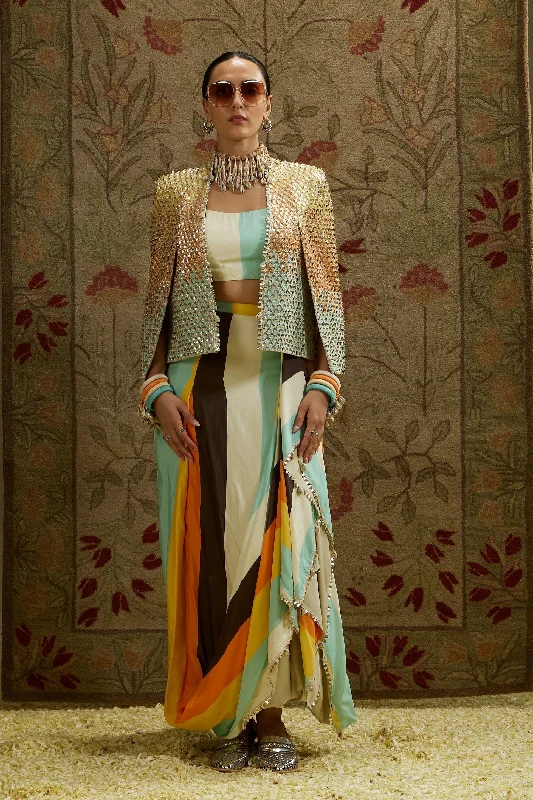 MULTI COLORED METALLIC NOOR JACKET PAIRED WITH STRIPE PRINTED BUSTIER AND SKIRT Denim Jacket Leather Jacket Suede Jacket