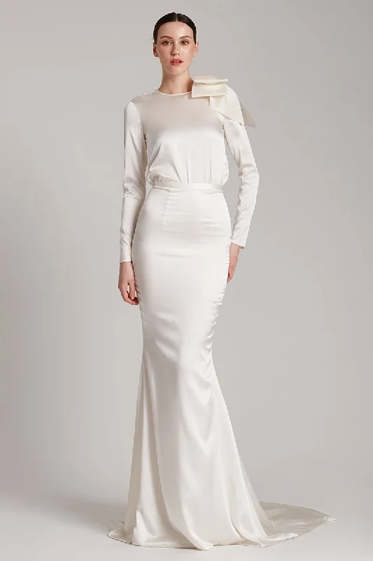 Silk Satin Trumpet Skirt with Train in White lace skirt intricate
