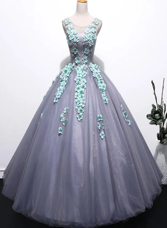 Grey Tulle Round Floor Length Gorgeous Sweet 16 Dresses, Princess Party Dress, Formal Gowns Turtleneck Neckline Stylish