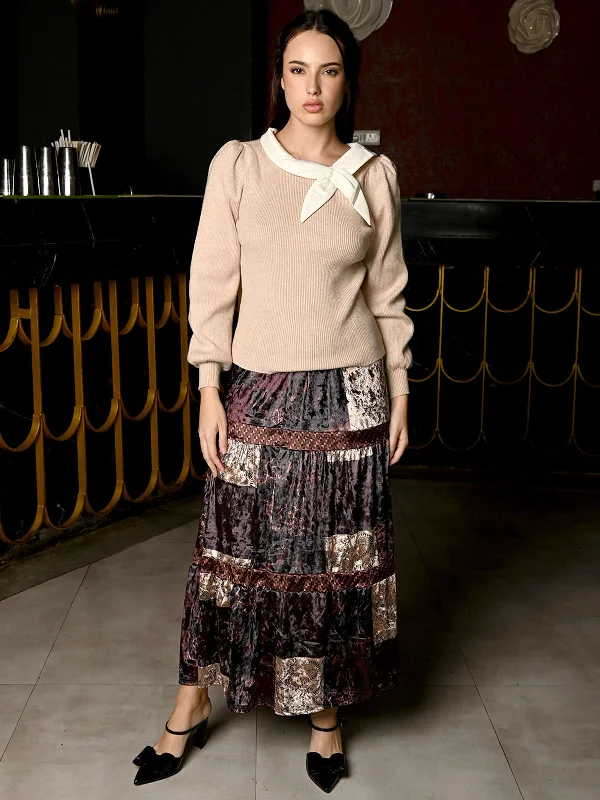 Odette Brown Velvet Printed Skirt For Women linen skirt relaxed