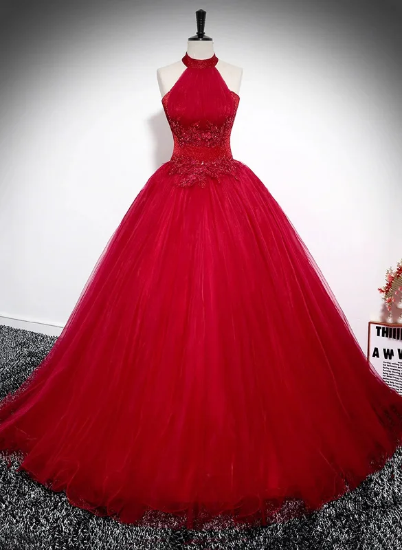 Red Tulle Halter Long Sweet 16 Party Dress with Lace,  Red Formal Dress Peplum Ruffle Cocktail