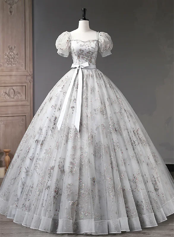 Lovely Light Grey Tulle Sequins Long Prom Dress, A-Line Grey Evening Party Dress sweetheart Neckline Romantic