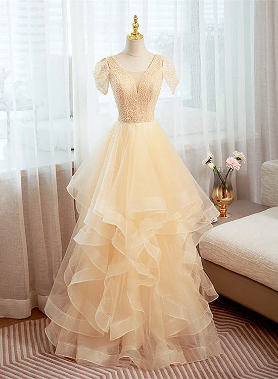 Champagne Tulle Short Sleeves with Beaded Long Party Dress, Champagne Prom Dress Tunics Short Trendy