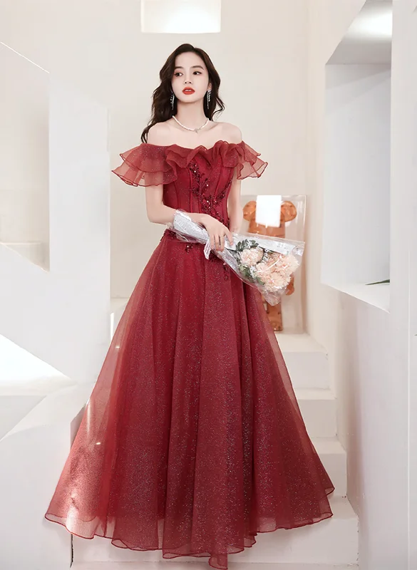 Wine Red Tulle Off Shoulder Long Party Dress, Wine Red A-line Prom Dress Tunics Sophisticated sleek