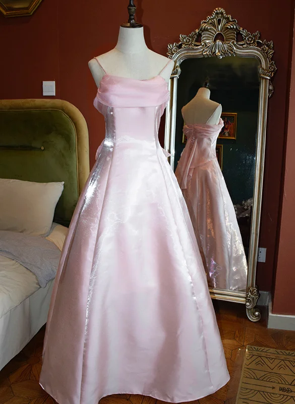 Cute Vintage Style Satin Straps Long Party Dress, A-line Satin Prom Dress Crew Neckline Sporty