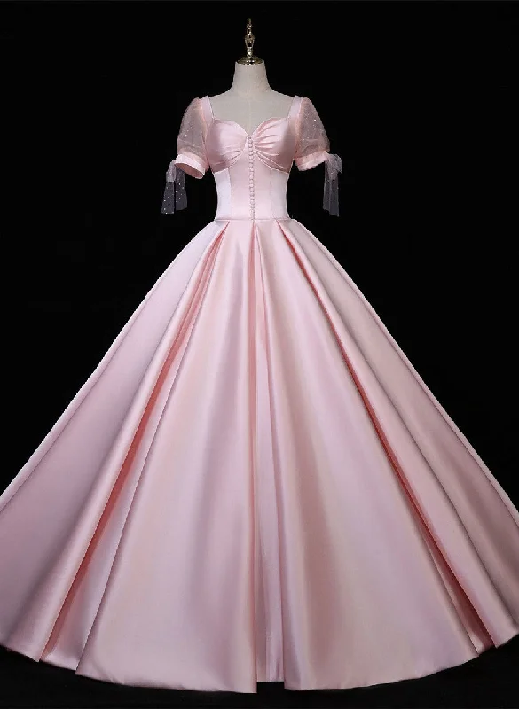 Pink Satin Long Sweetheart Formal Dress, Pink Sweet 16 Party Dress Tunics stripes playful