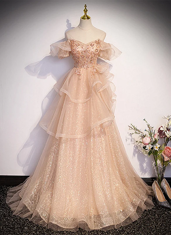 Pink Shiny Tulle Sweetheart Long Layers Party Dress, A-line Pink Tulle Formal Dress Prom Dress Tunics Stylish modern