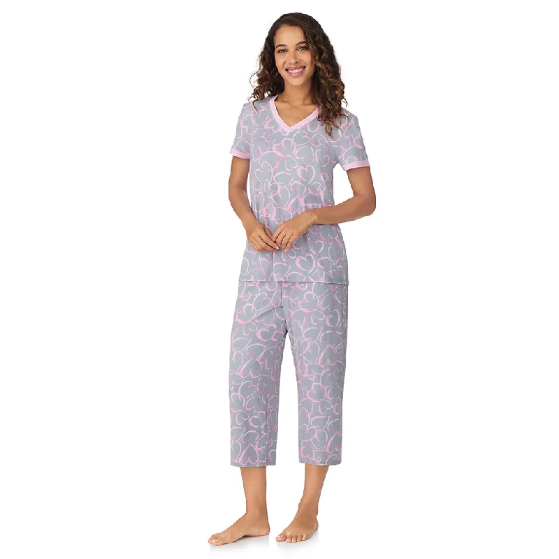 Cotton-Blend Short Sleeve Top with Cropped Pant 2-Pc Pajama Set Relaxed Casual Leggings