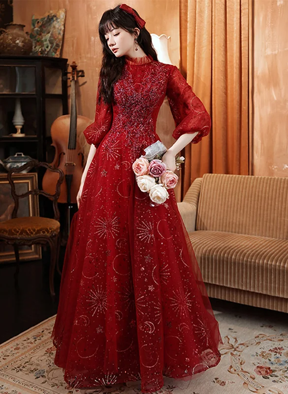 A-line Wine Red Tulle Puffy Sleeves Long Party Dress, Wine Red Long Prom Dress Tunics Ceremony elegant