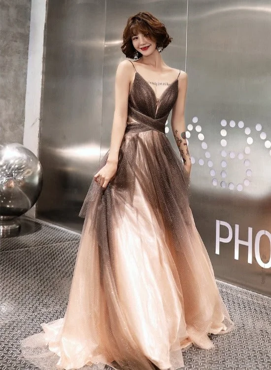 Unique Tulle V-neckline Straps A-line Gradient Party Dress, Tulle Long Evening Dress Prom Dress Tunics Summer linen