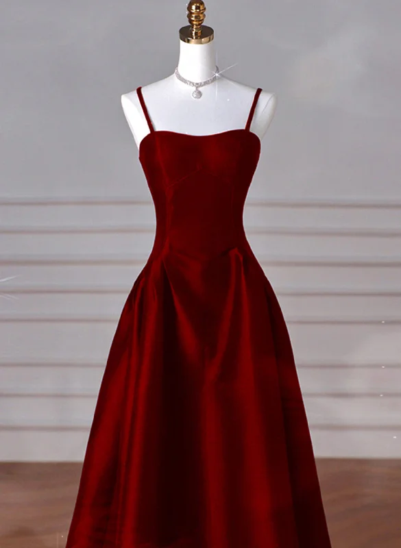 Wine Red A-Line Straps Satin Long Party Dress, Wine Red Long Prom Dress Evening Dress Tunics Short Trendy