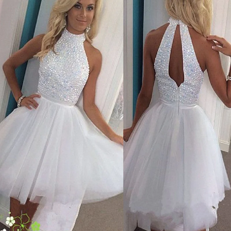 Short white beads sparkly open back off shoulder homecoming prom dress,BD0008 Tunics Chic elegant