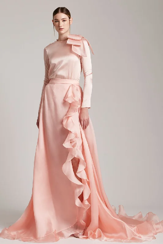 Silk Gazar Ruffles Side Slit Maxi Skirt in Pink leather skirt bold