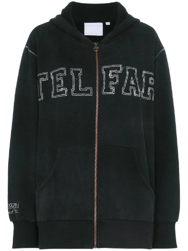 logo embroidered zip cotton blend hoodie Hoodie with Elastic Cuffs Stretchable Comfortable