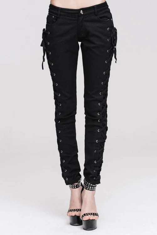 Black Lace Up Punk Classic Stretchy Womens Pants Chic Faux Leather Pants