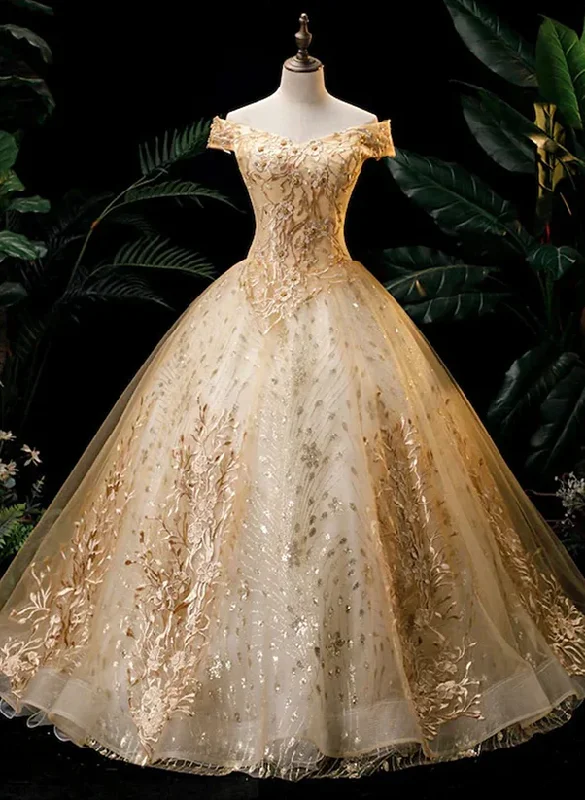 Champagne Tulle Lace Off Shoulder Ball Gown Party Dress, Champagne Sweet 16 Dress Pencil Length Work