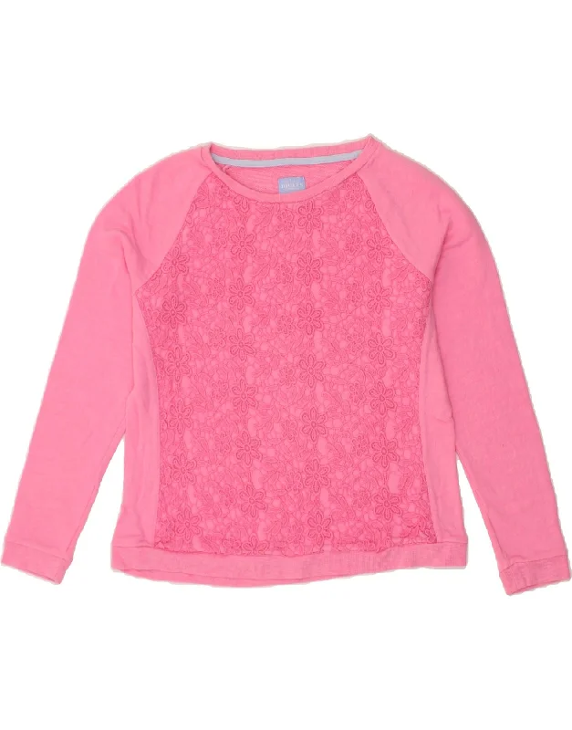 JOULES Womens Sweatshirt Jumper UK 14 Large Pink Floral Cotton Hoodie with Rolled Sleeves Casual Relaxed