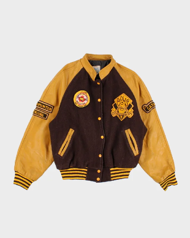Womens Vintage Brown And Yellow Varsity Jacket - L A-Line Jacket Boat Neck Shawl Collar