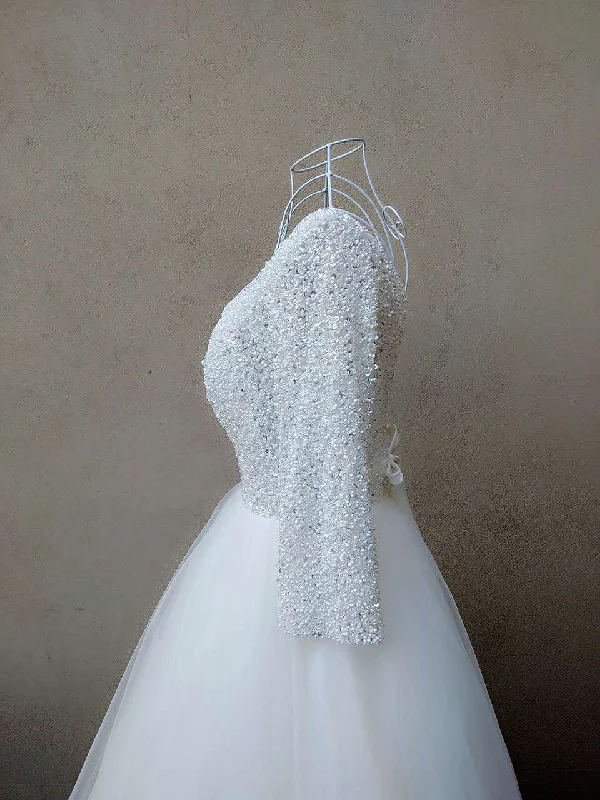 Beautiful White Pearls and Beadings Long Sleeves Party Dress, White Formal Gown Pleated Skirt Elegant
