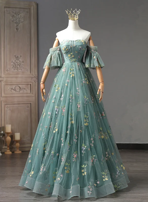 Green Floral Tulle Off Shoulder Party Dress, Elegant Long Sweet 16 Dress Tunics Running lightweight
