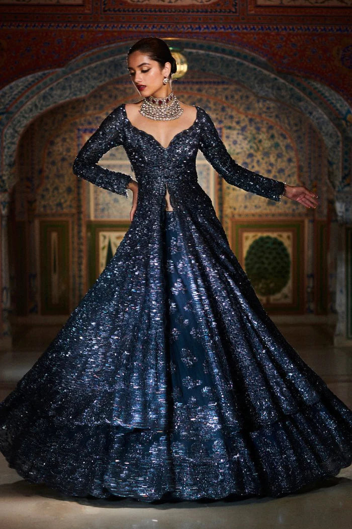 Charcoal Grey Jacket Lehenga Set Chenille Jacket Brocade Jacket Lace Jacket