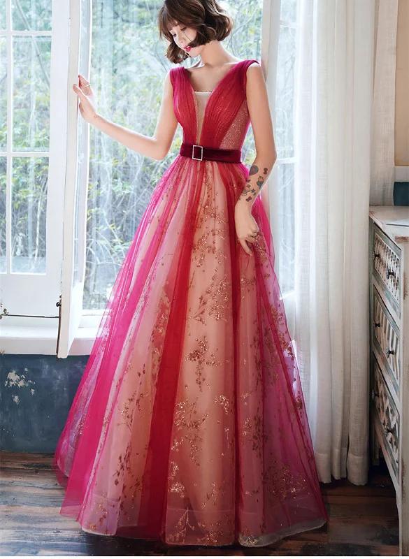 Beautiful V-neckline Long Party Dress with Belt, Tulle Long Evening Dress Tunics Practical easy-care