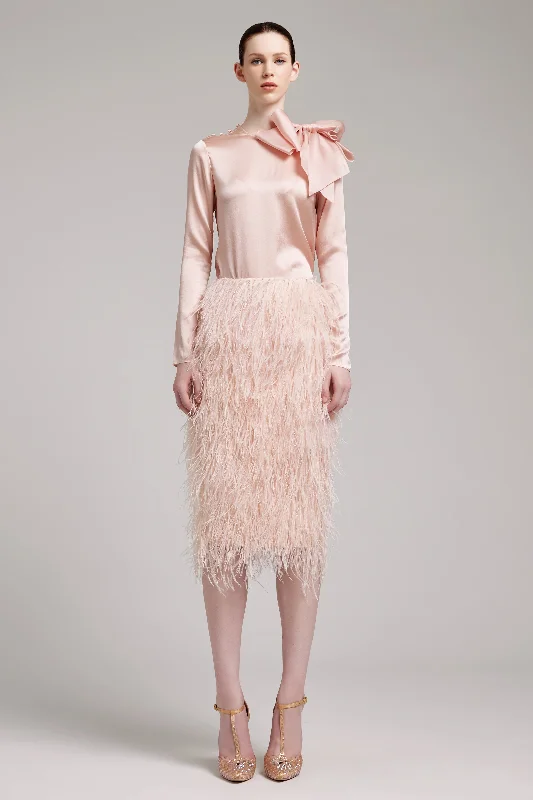 Ostrich Feather Embellished High Waisted Skirt in Baby Pink velvet skirt glossy