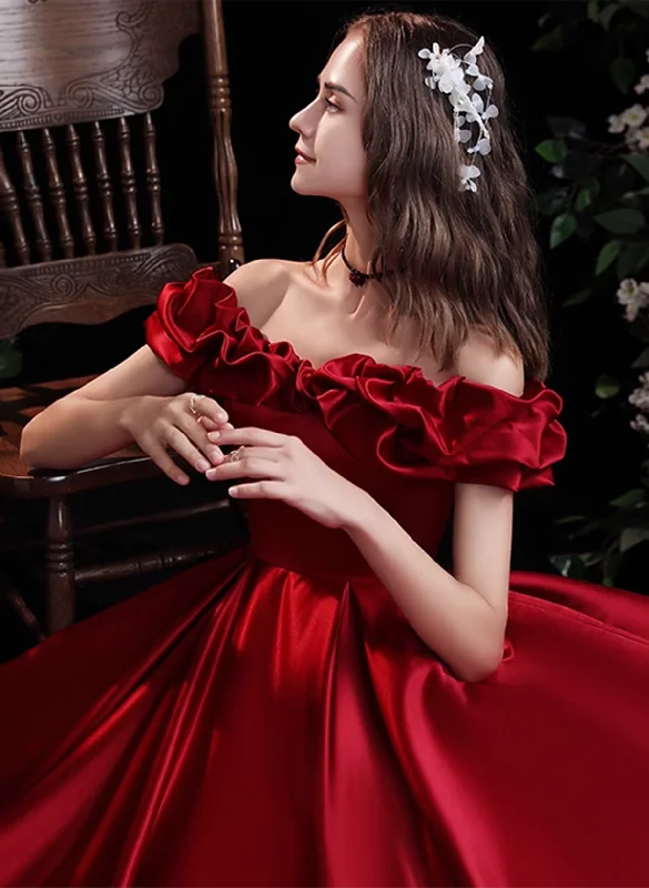 Wine Red Satin Simple Off Shoulder Party Dress, Wine Red Long Prom Dress Evening Dress Crew Neckline Sporty