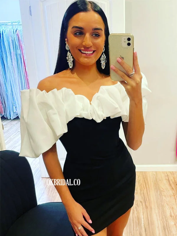 Elegant Black and White Off Shoulder Mermaid Backless Homecoming Dress, FC7004 Tunics Luxurious premium