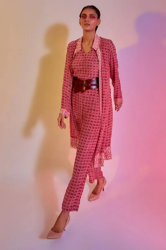 LATTICE PRINTED CAMISOLE AND PANTS TEAMED WITH AN EMBELLISHED PRINTED JACKET Knit Fabric Woven Fabric Fleece Fabric