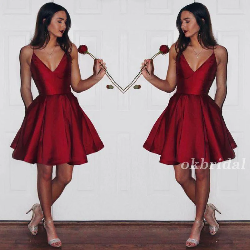 Spaghetti Straps Homecoming Dress, Taffeta Homecoming Dress, V-Neck Homecoming Dress, Simple Junior School Dress, LB0877 A-Line Day Work